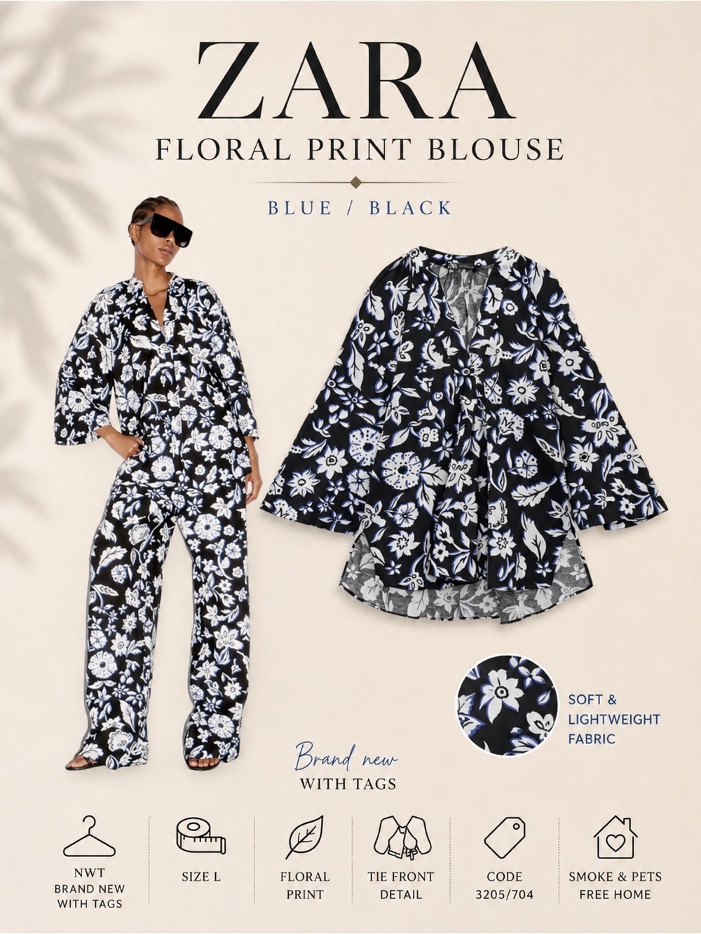 Zara Blue Black Floral Print Blouse Size L NWT Flowy Wide Sleeve Top